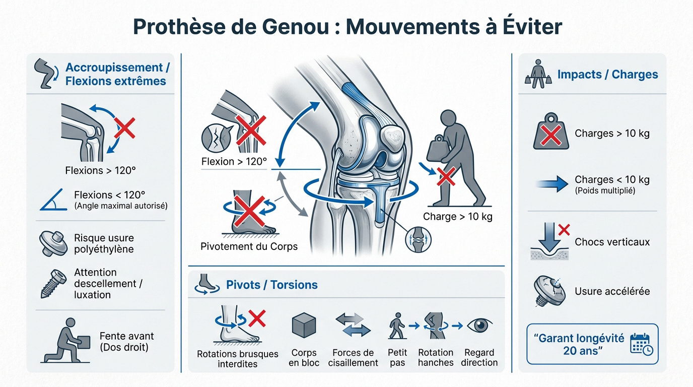 Schéma des mouvements à éviter après une prothèse de genou incluant la flexion et la torsion