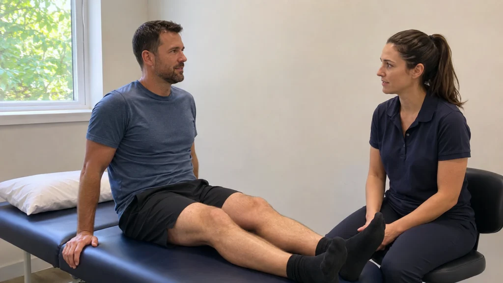 Consultation avec un professionnel de santé au sujet d’un genou et de la pratique sportive.
