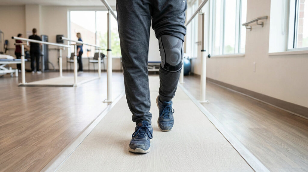 Patient portant une genouillère de stabilisation marchant entre des barres parallèles dans un centre de rééducation.