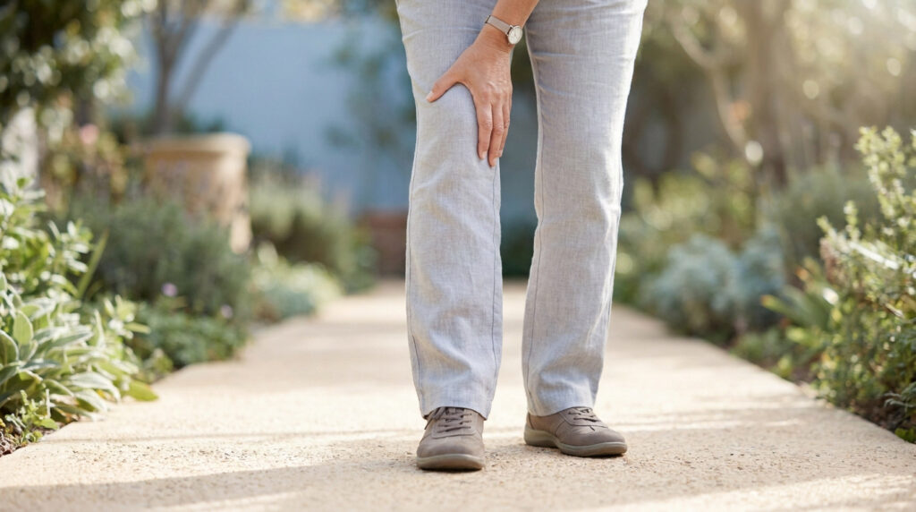 Une personne debout dans un jardin tenant son genou avec sa main pour exprimer une douleur articulaire.