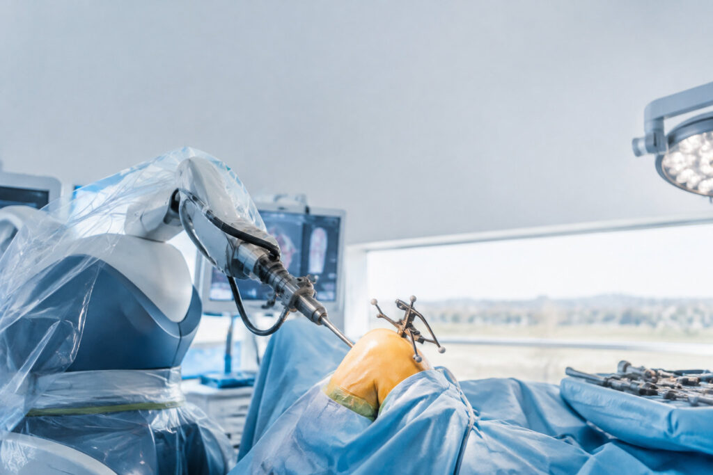 Bras robotisé chirurgical Mako opérant sur un genou recouvert de champs stériles dans un bloc opératoire moderne.