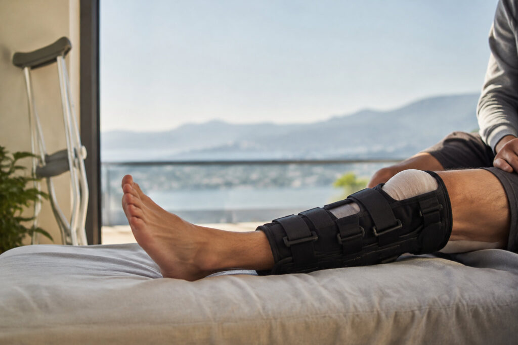 Une personne assise avec une attelle de genou rigide sur la jambe et des béquilles à côté.
