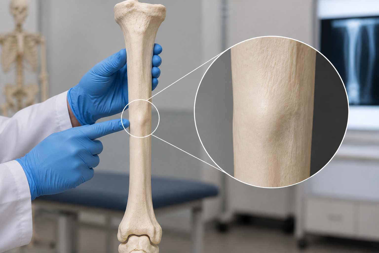 Une personne en blouse blanche et gants bleus tient un os long et en désigne une zone, agrandie dans un cercle, dans une salle médicale où l’on voit un squelette et une radiographie.