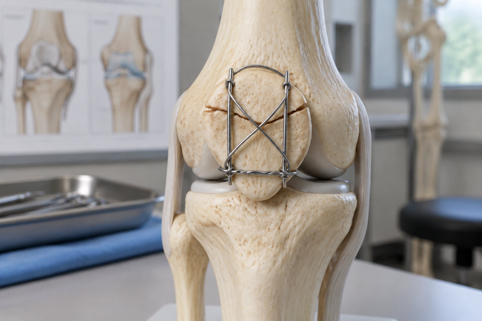 Une maquette d’articulation du genou montre des os maintenus par des fils métalliques, dans un laboratoire médical.
