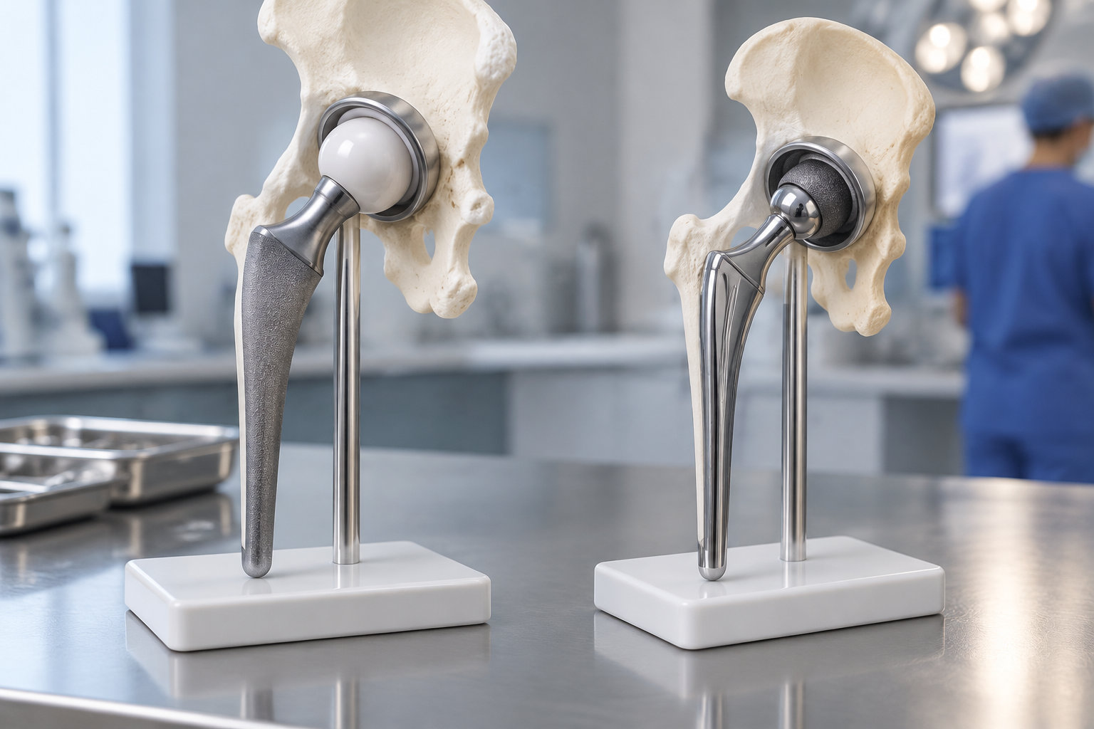Deux modèles d’articulations de hanche avec prothèses métalliques sont posés sur des socles dans une salle d’opération, avec un professionnel en tenue bleue flou à l’arrière-plan.