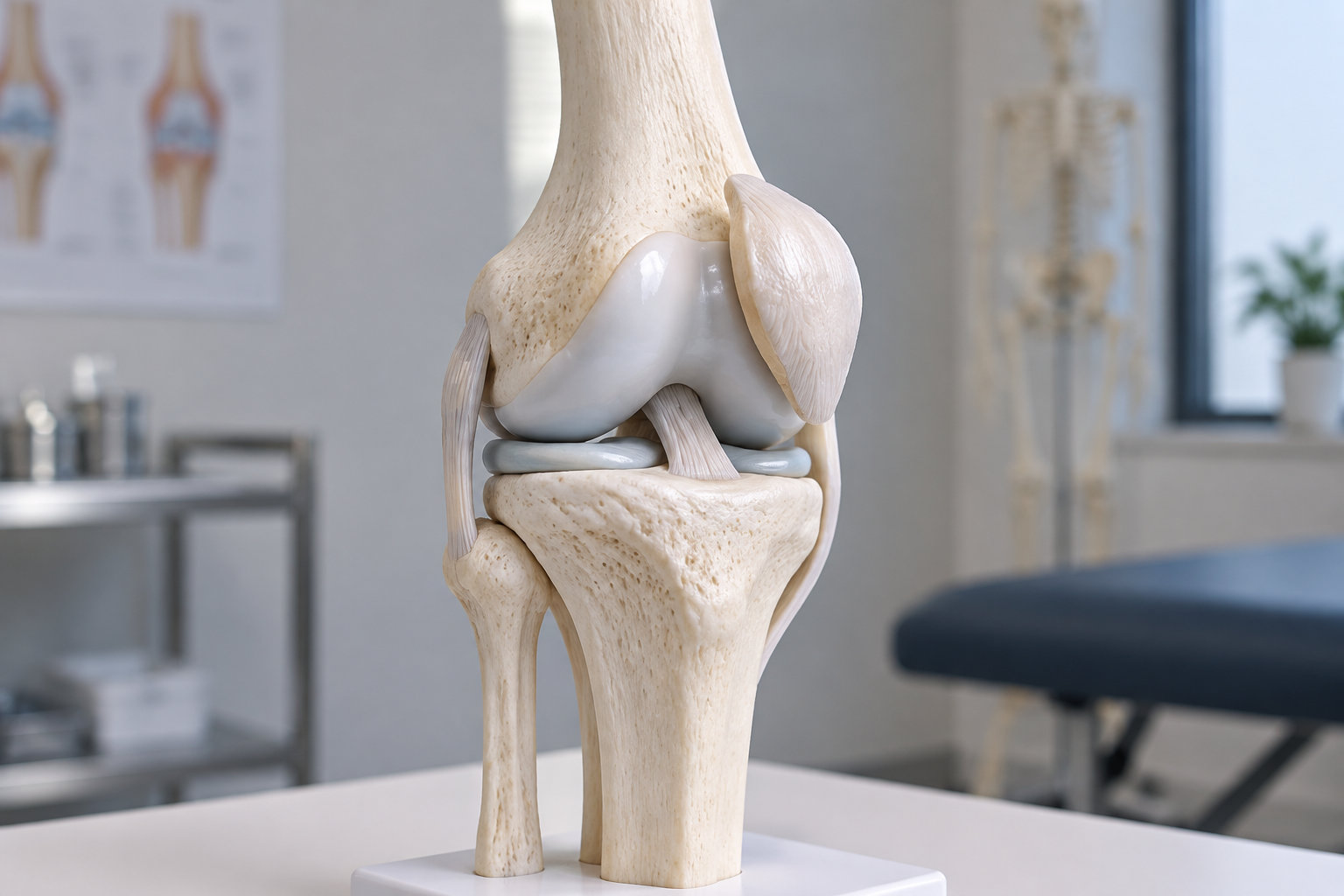 Une maquette anatomique d’un genou est posée sur une table dans une salle d’examen médical, avec des affiches anatomiques et une fenêtre en arrière-plan.