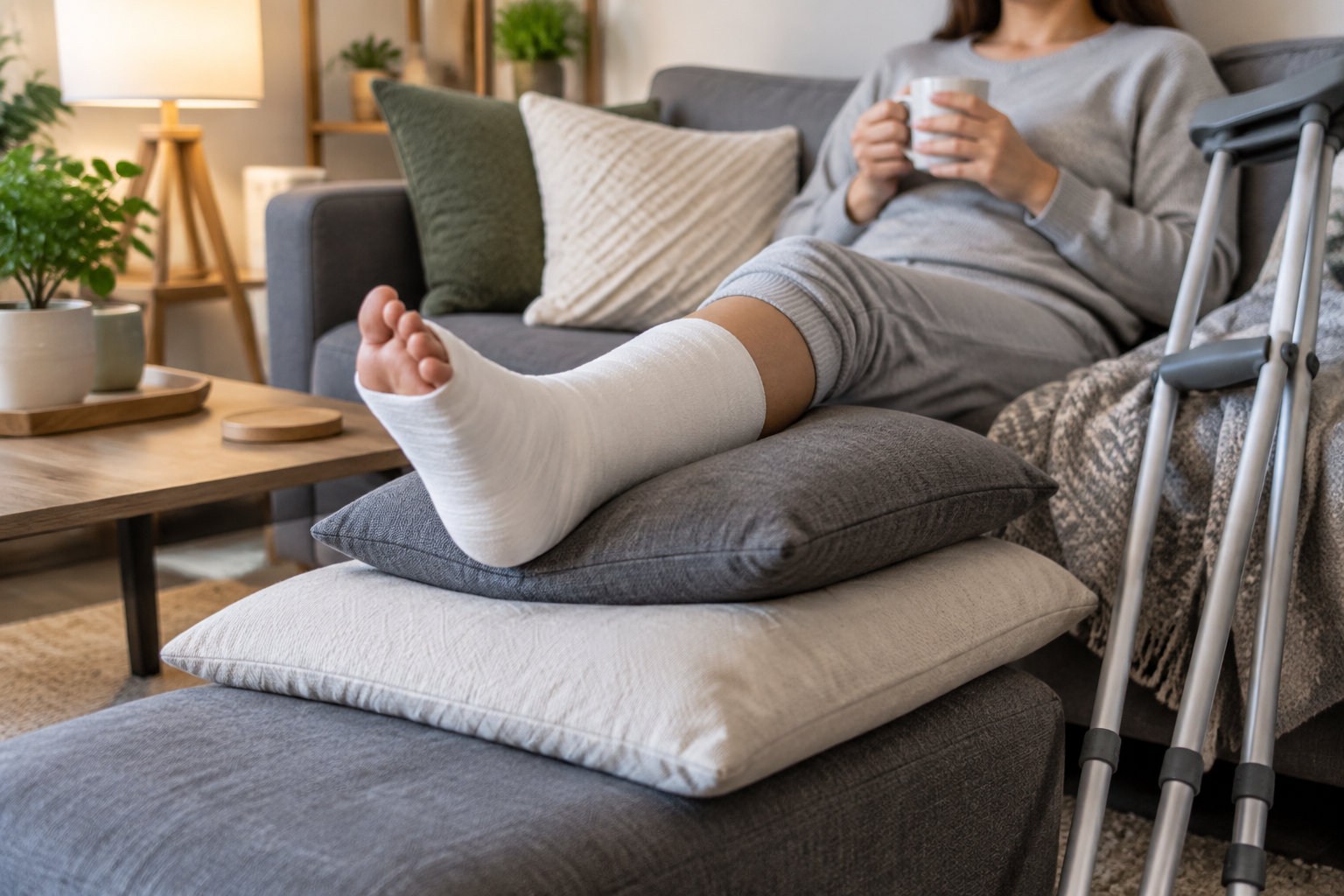 Une personne assise sur un canapé tient une tasse, avec une jambe plâtrée sur des coussins et des béquilles à côté.