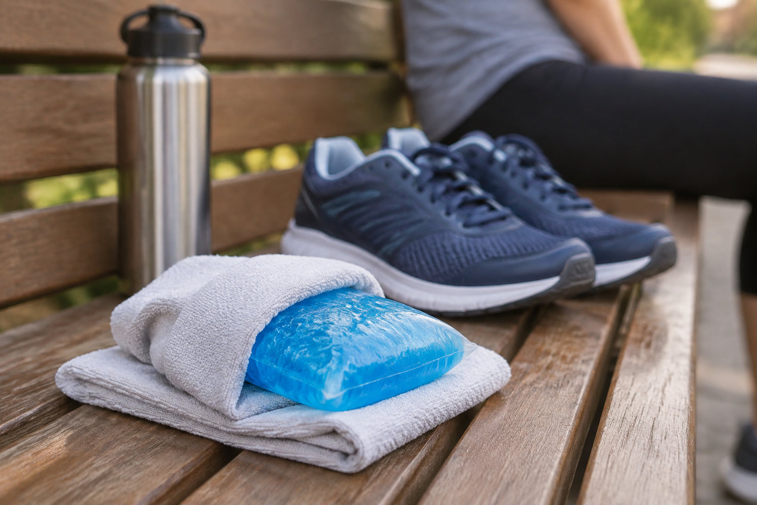 Une poche de gel bleue est posée sur une serviette pliée, à côté d’une gourde métallique et de chaussures de sport sur un banc en bois.