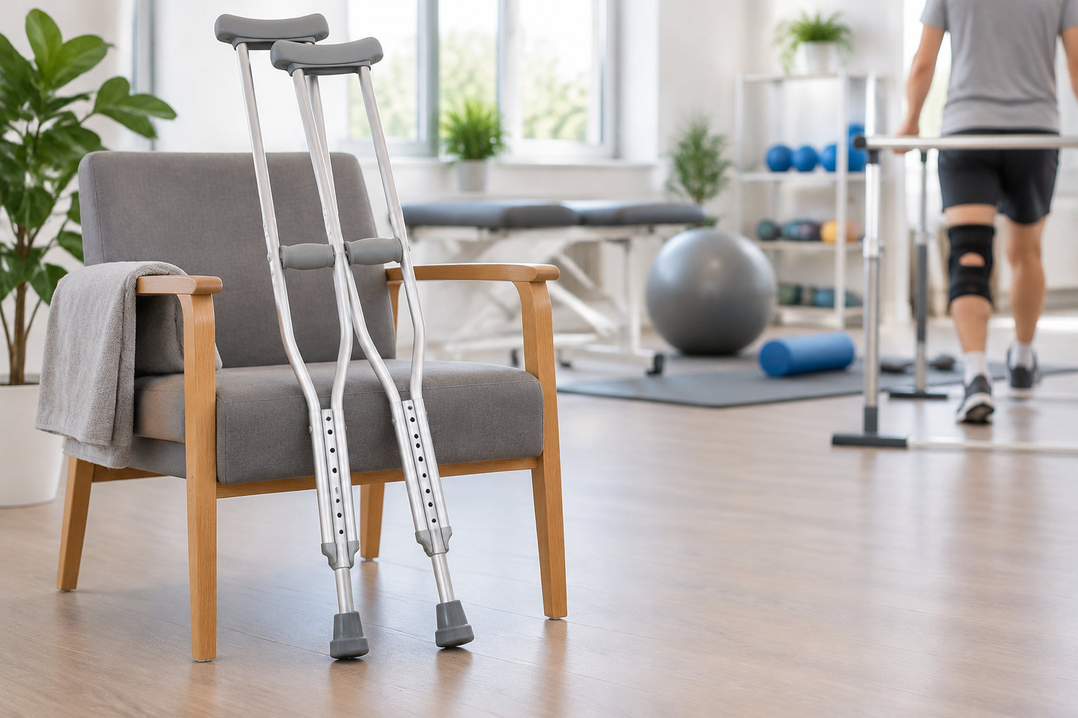 Une paire de béquilles est appuyée contre un fauteuil gris, tandis qu’une personne portant une genouillère marche dans une salle de rééducation.