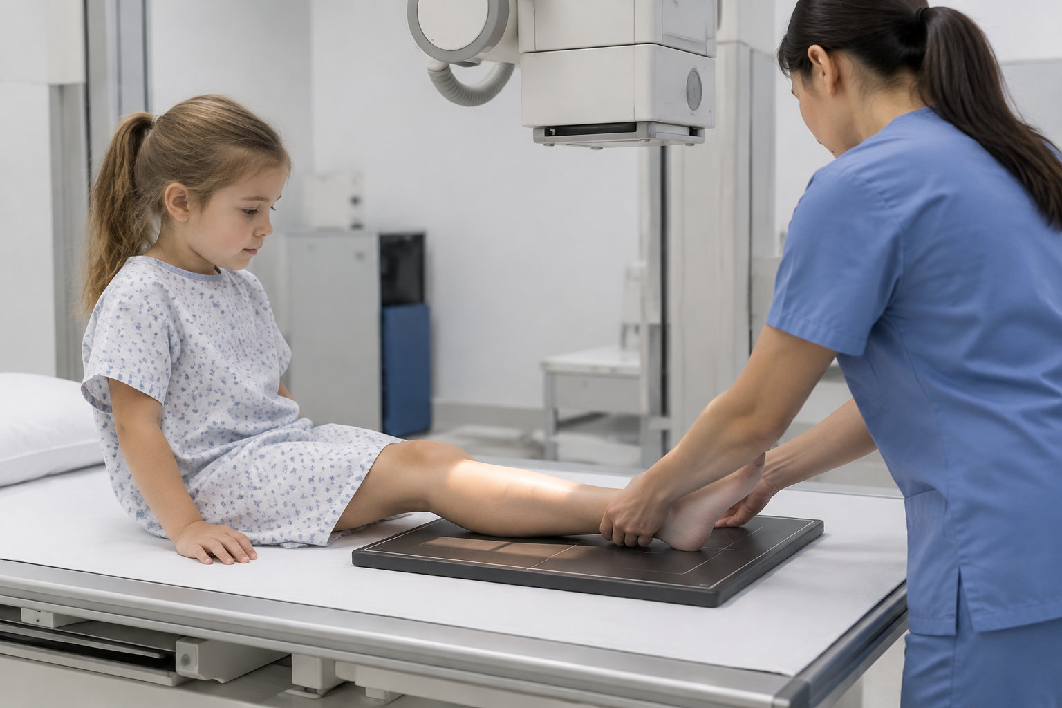 Une soignante en blouse bleue positionne le pied d’une enfant allongée sur une table d’examen sous un appareil de radiographie.