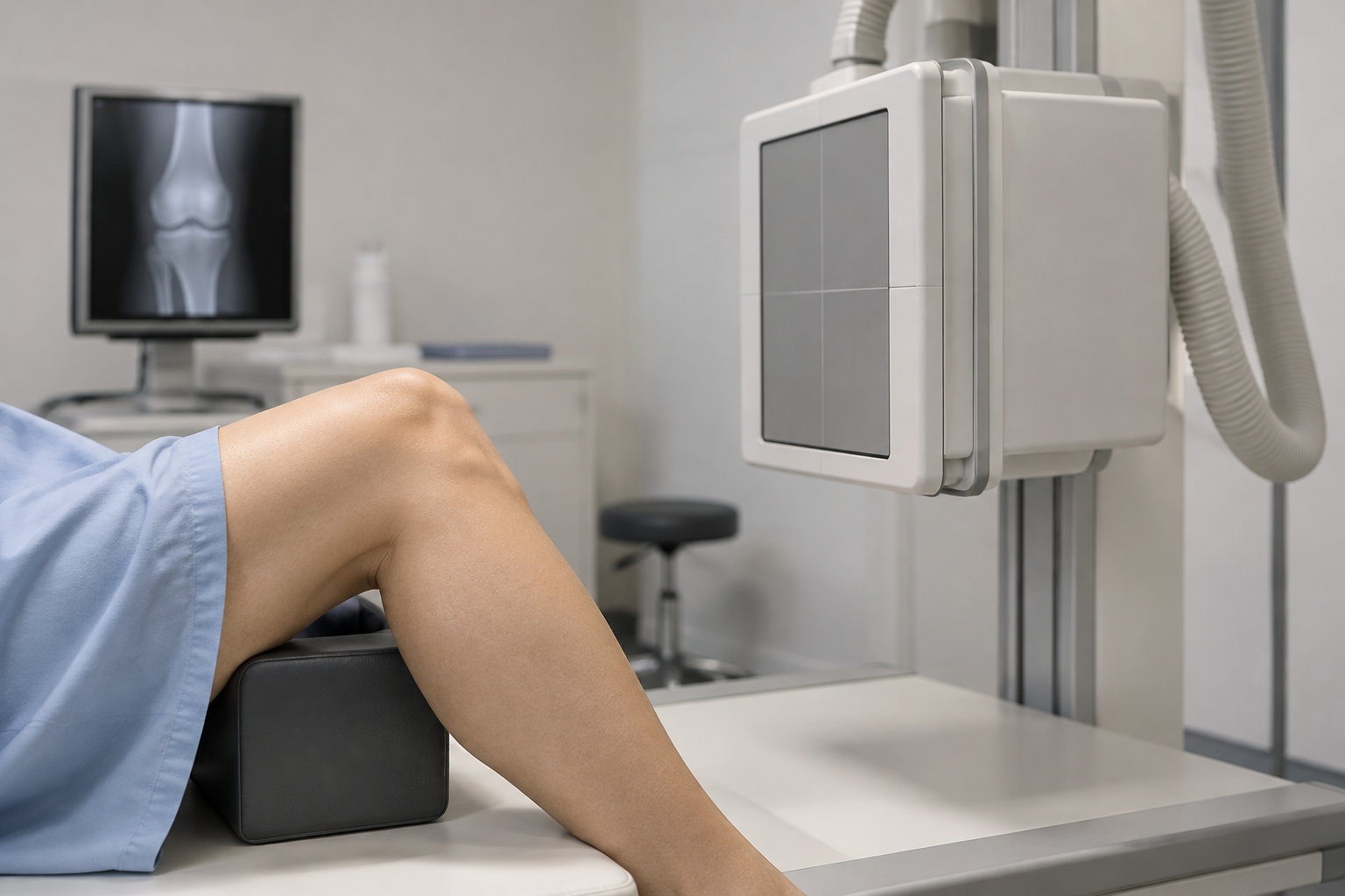Une personne en blouse bleue pose le bras sur un support près d’un appareil de radiographie, tandis qu’un écran affiche une radiographie du coude.