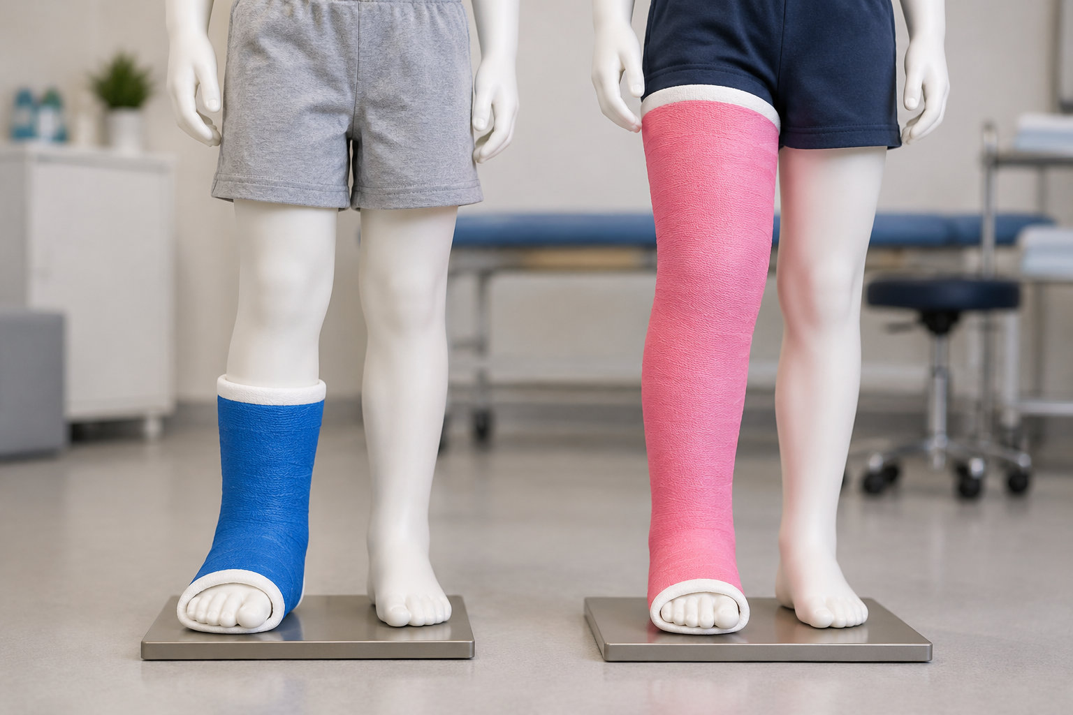 Deux mannequins portent des shorts et des appareils plâtrés colorés sur une jambe, dans un cabinet médical.
