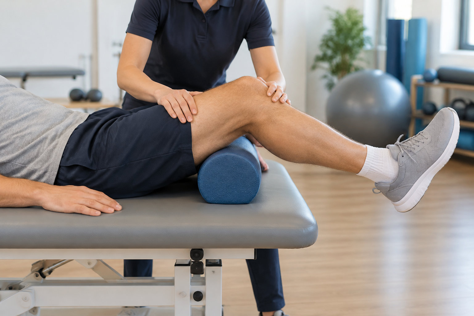 Un thérapeute soutient le genou plié d’une personne allongée sur une table de soins, avec un rouleau bleu sous la cuisse.