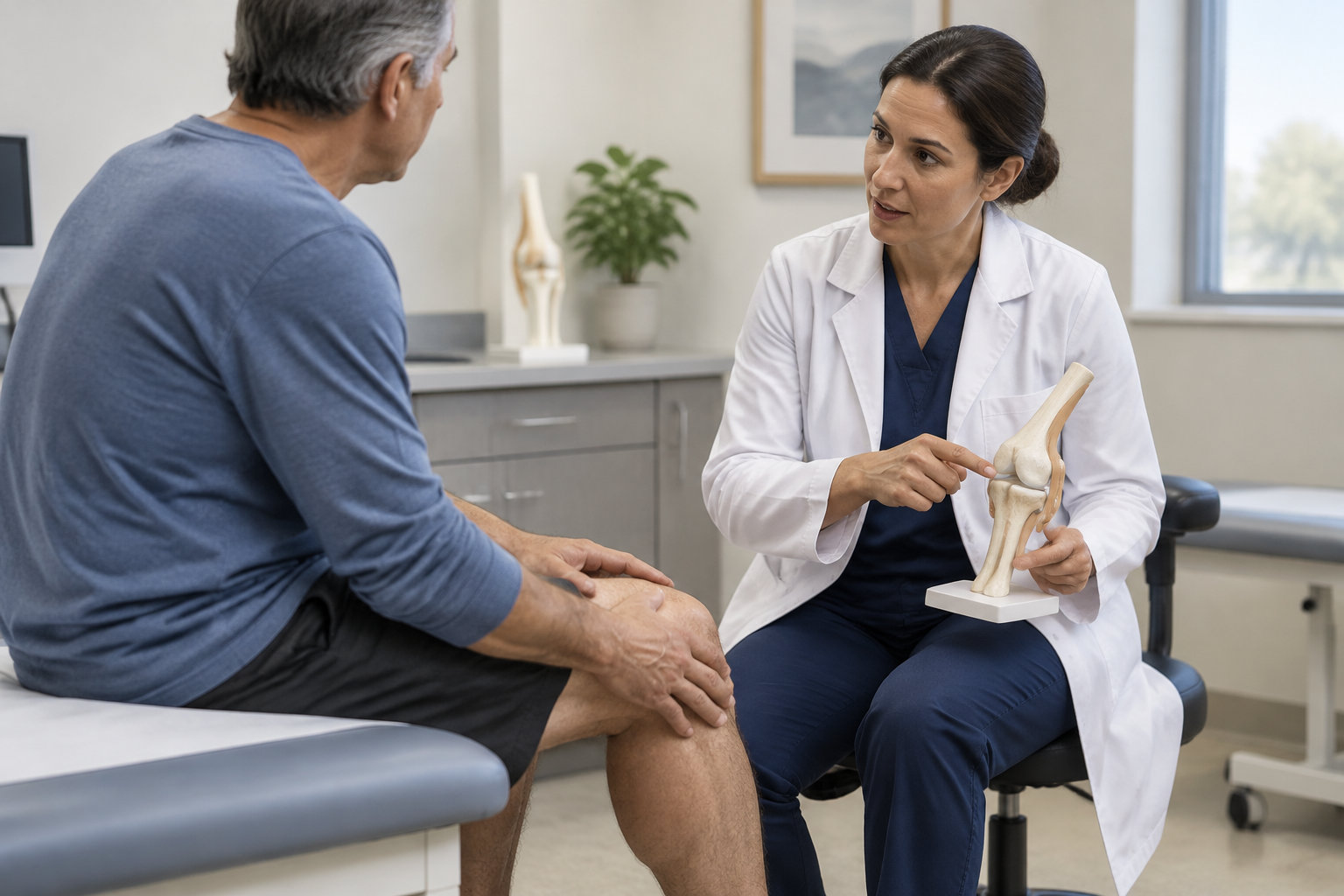 Une médecin montre un modèle d’articulation du genou à un patient assis sur une table d’examen.