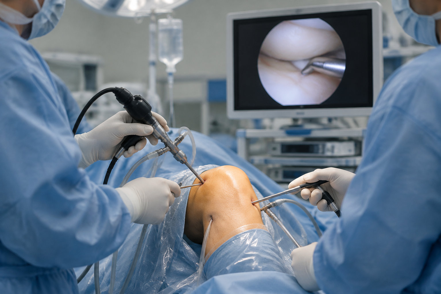 Des chirurgiens en tenue stérile manipulent des instruments lors d’une intervention sur un genou, tandis qu’un écran affiche une vue endoscopique.