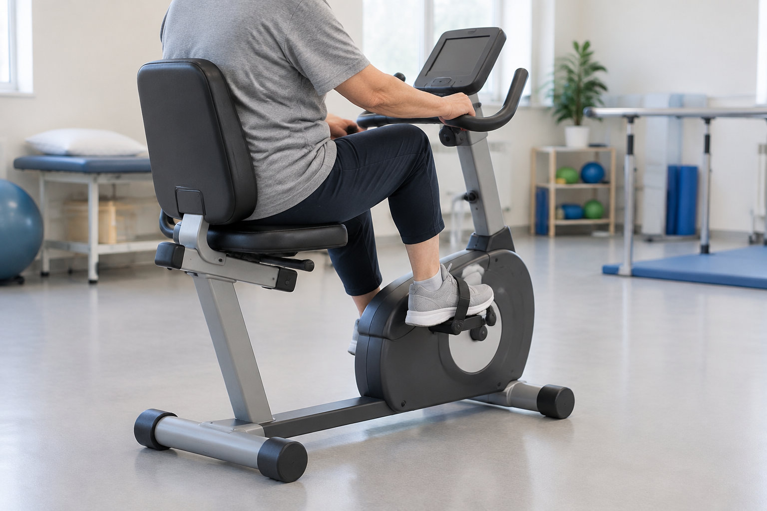 Une personne pédale sur un vélo d’exercice dans une salle équipée de matériel de rééducation.