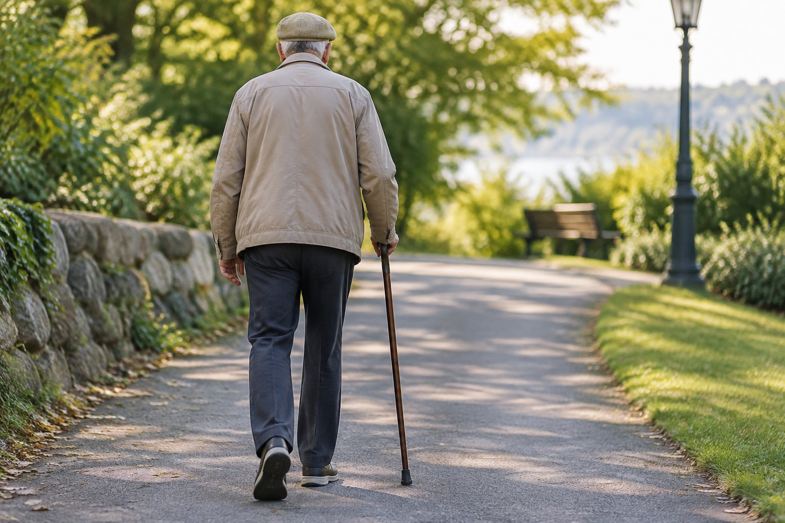 Un homme âgé portant une casquette et une veste marche avec une canne sur une allée bordée d’arbres, d’un banc et d’un lampadaire.