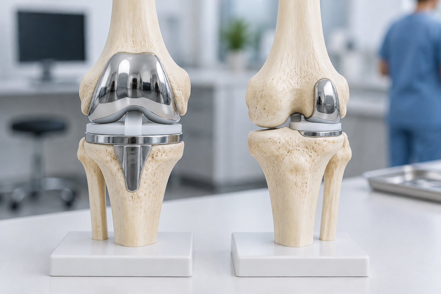 Deux maquettes d’articulations du genou avec des prothèses métalliques sont posées côte à côte sur un plan de travail, dans un laboratoire où une personne en blouse bleue se tient à l’arrière-plan.