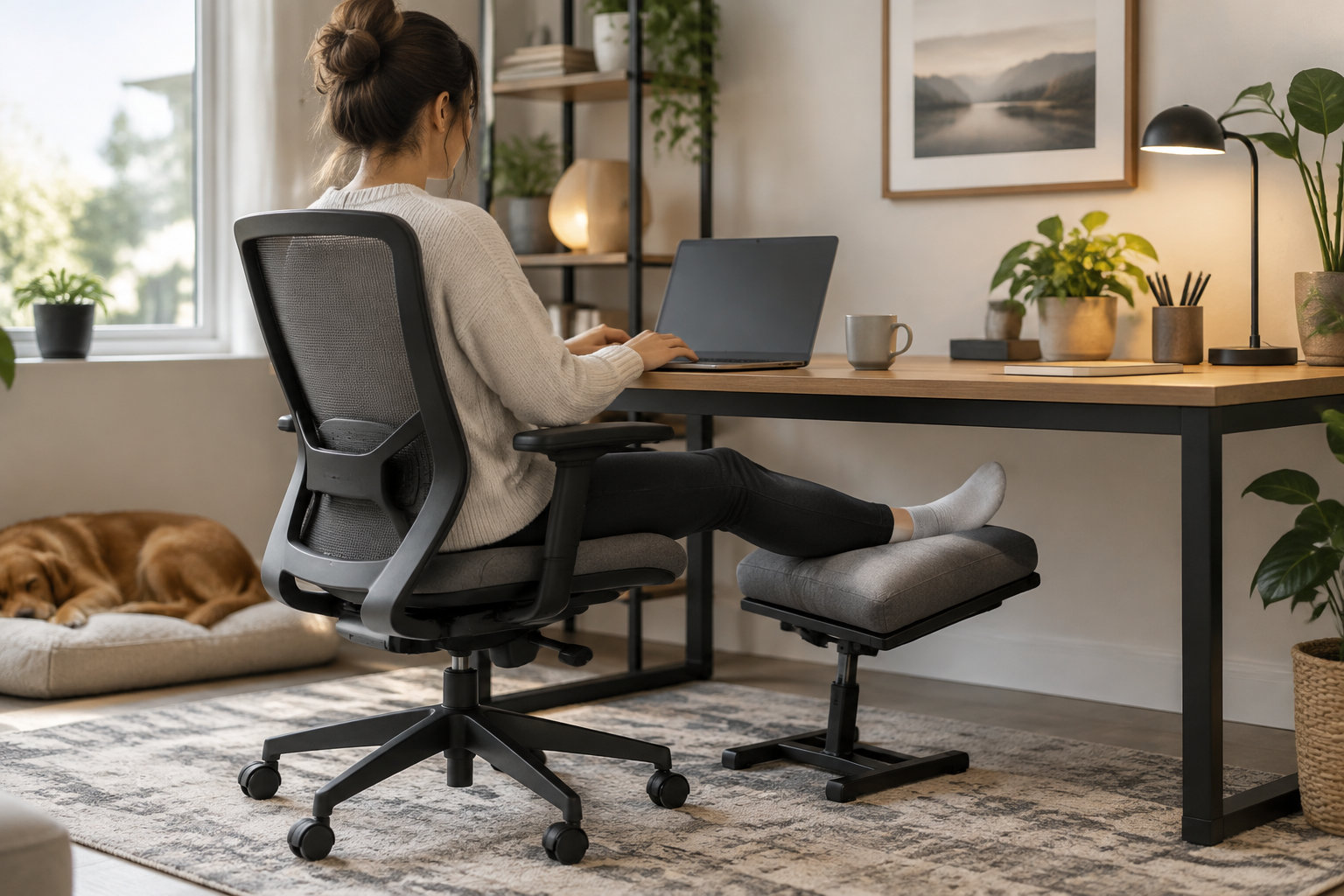 Une femme travaille sur un ordinateur portable à son bureau, les jambes posées sur un repose-pieds, tandis qu’un chien dort près de la fenêtre.