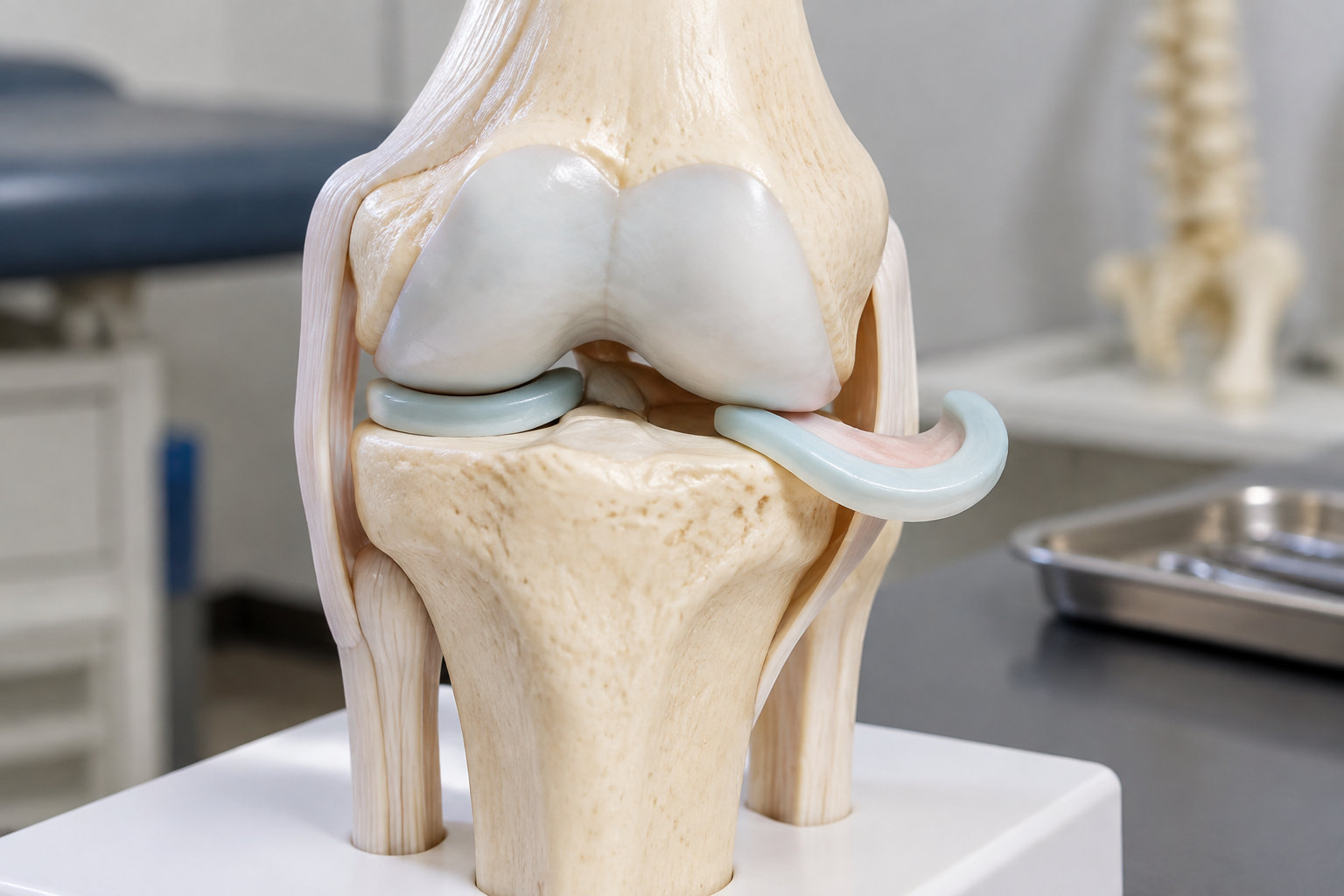 Un modèle anatomique d’un genou est posé sur un socle blanc, dans une salle de consultation médicale.