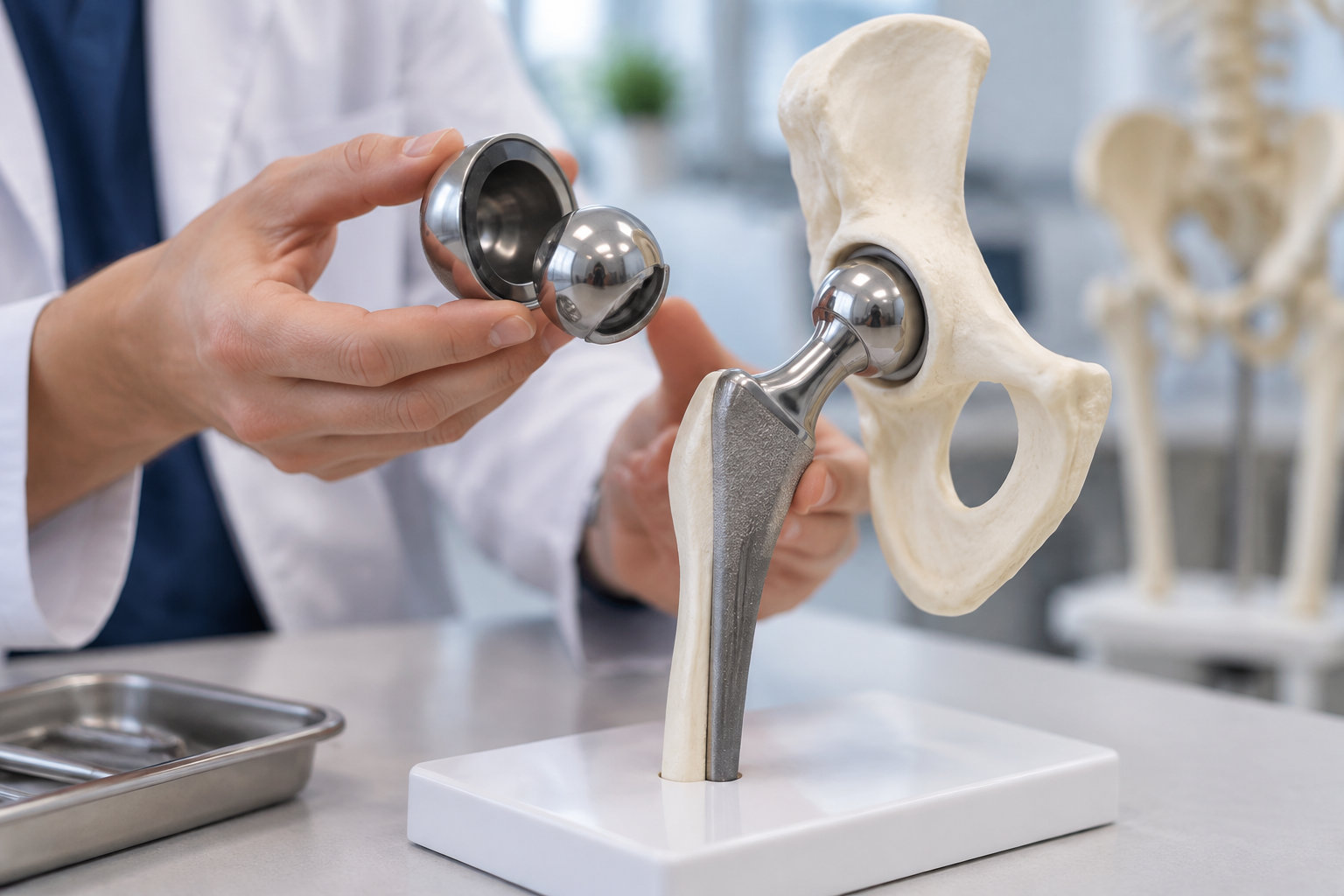 Un professionnel en blouse tient une prothèse de hanche métallique près d’un modèle de bassin et de fémur équipé d’un implant, sur une table de laboratoire.