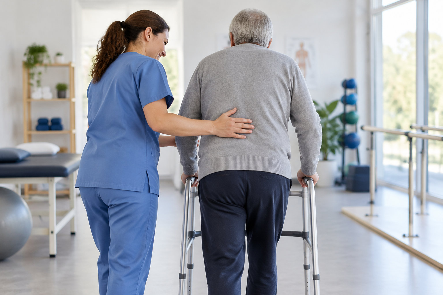 Une soignante accompagne un homme âgé qui marche avec un déambulateur dans une salle de rééducation.