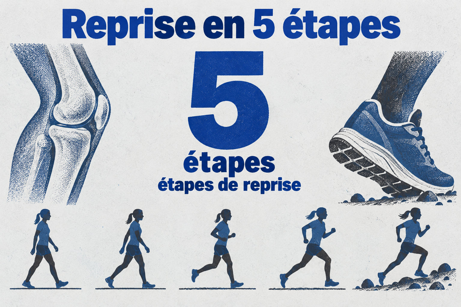 La reprise de la course se déroule en cinq étapes, de la marche sur terrain plat à la course avec dénivelé.
